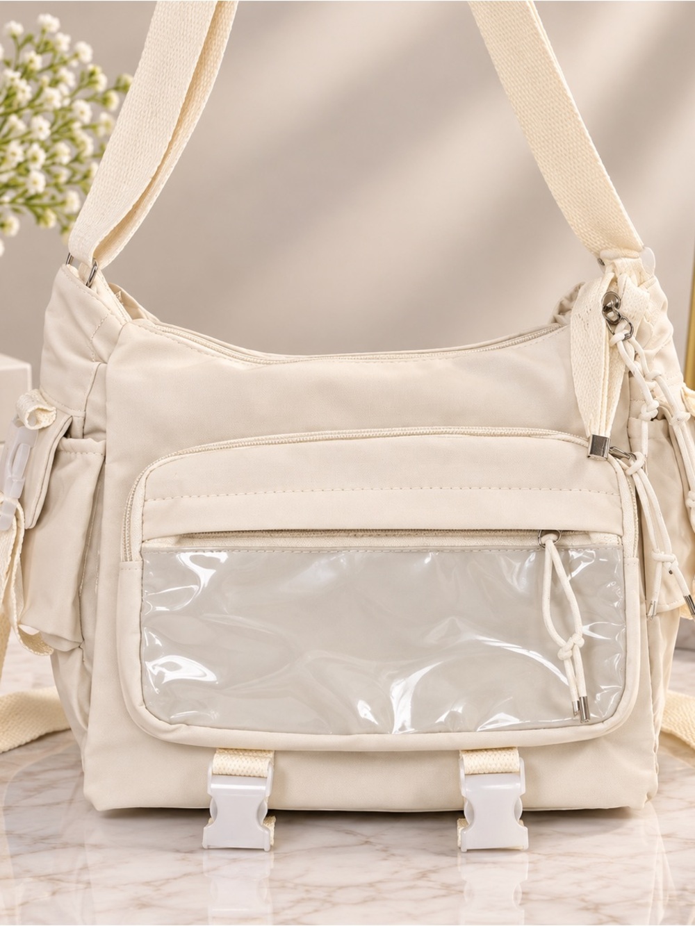 Cream Canvas Crossbody Shoulder Bag with Clear Front Pocket